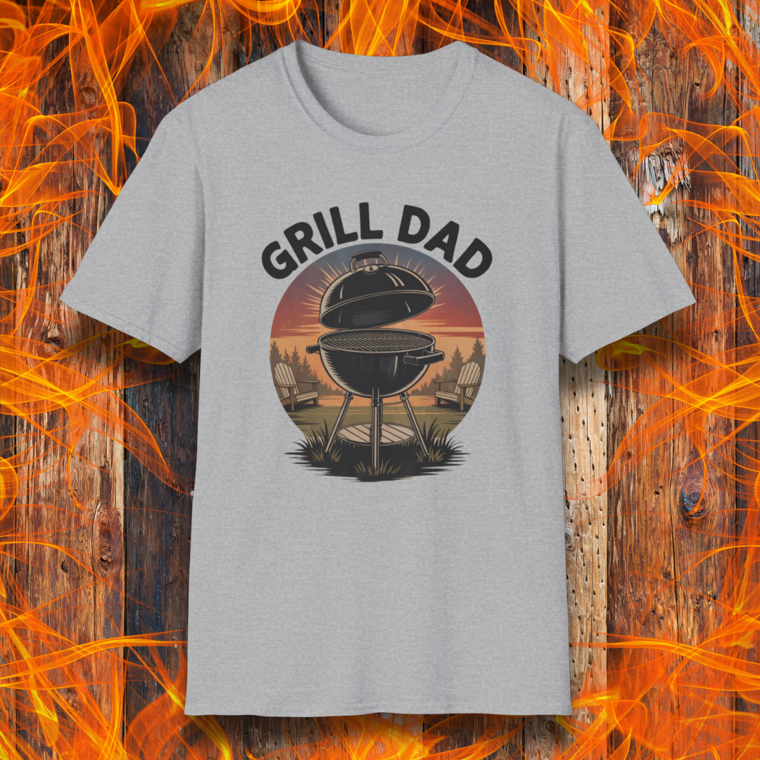 Sport Gray t-shirt with 'GRILL DAD' graphic on a wooden background with flames