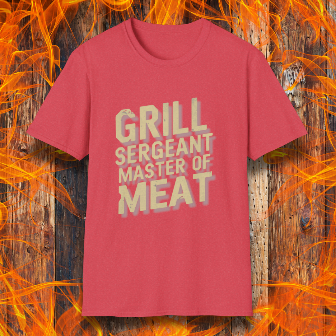 Heather Red t-shirt featuring bold, distressed text that reads 'Grill Sergeant, Master of Meat,' styled with a rugged, military-inspired design."