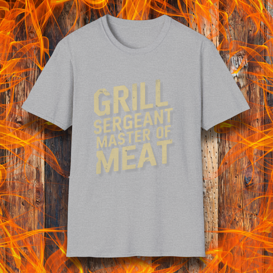 Sport Grey t-shirt featuring bold, distressed text that reads 'Grill Sergeant, Master of Meat,' styled with a rugged, military-inspired design."