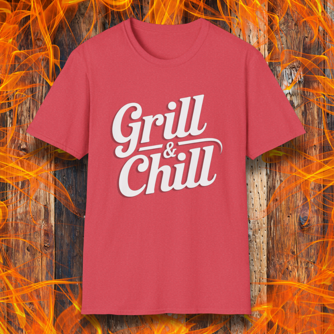Heather Red t-shirt with 'Grill & Chill' text on a wooden background with flames.
