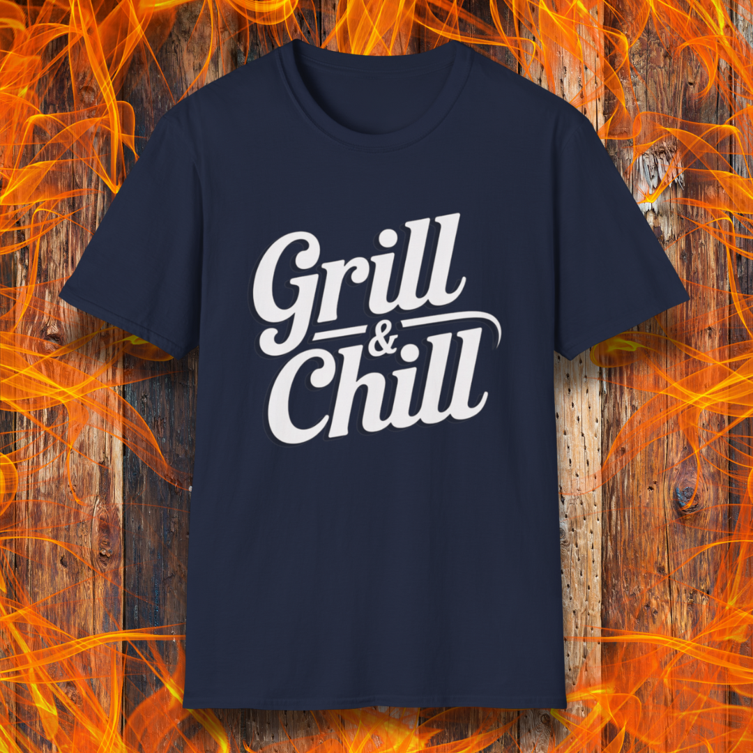 Navy blue t-shirt with 'Grill & Chill' text on a fiery background