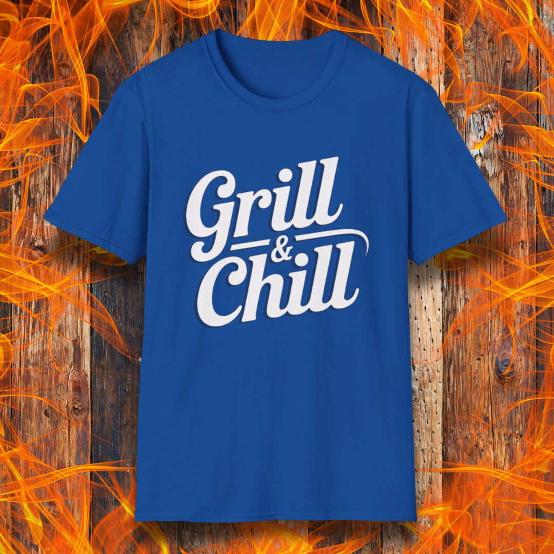 Royal Blue t-shirt with 'Grill & Chill' text on a fiery background