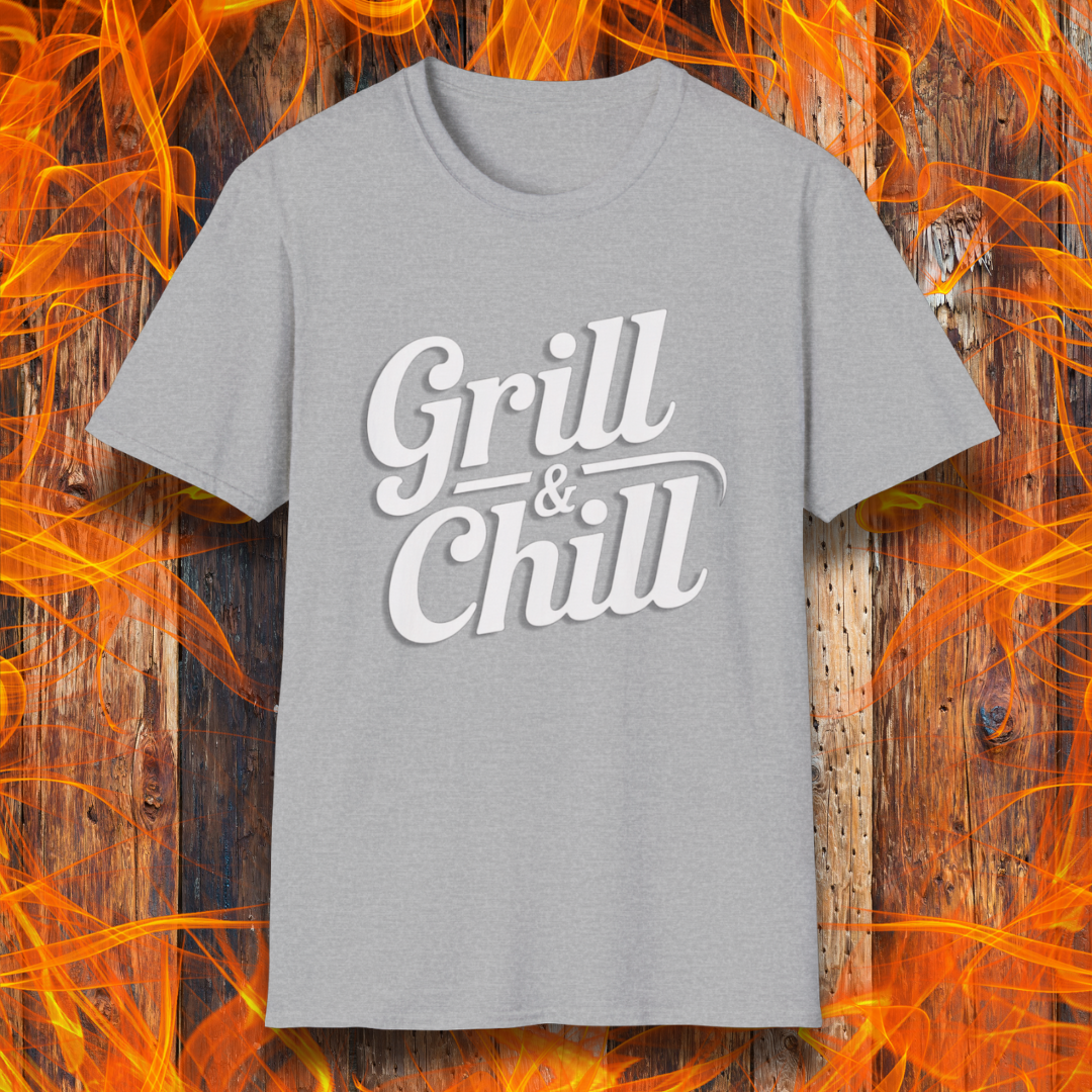 Sport Gray t-shirt with 'Grill & Chill' text on a fiery background
