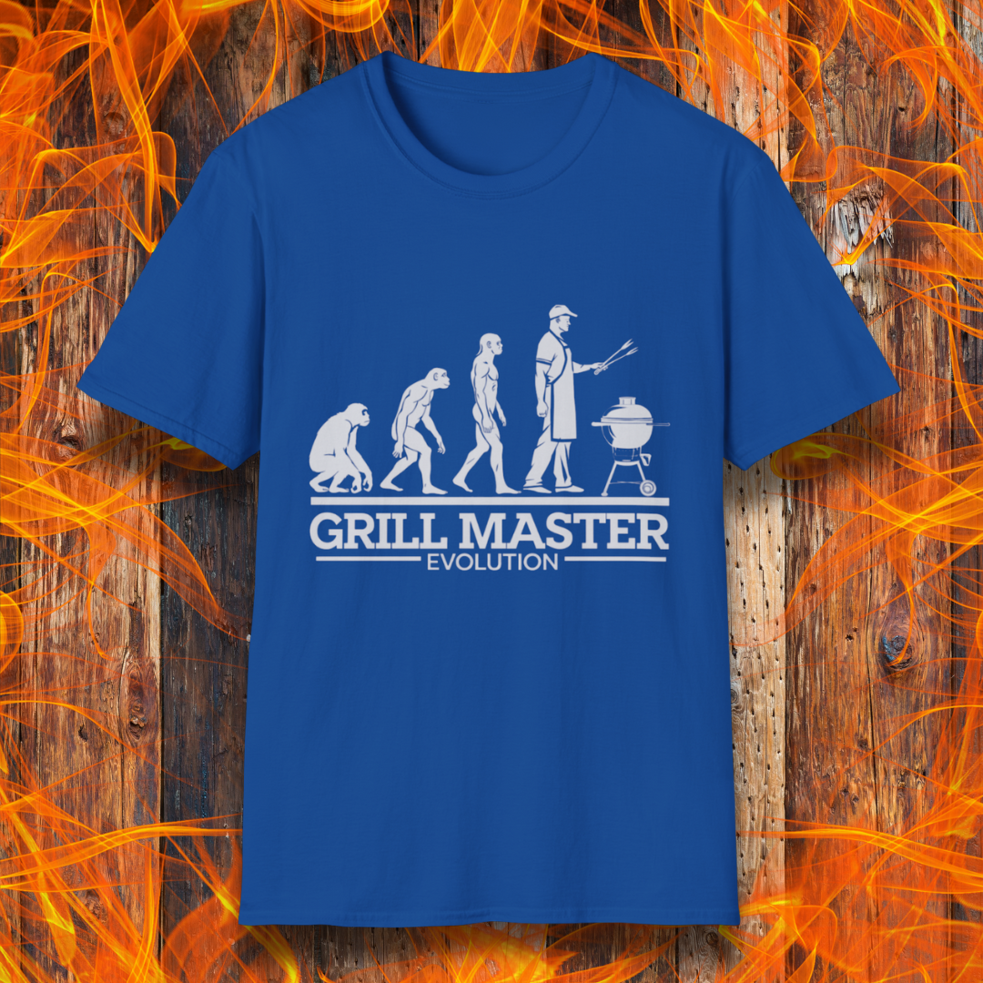 Royal Blue T-shirt featuring a humorous "evolution" design that depicts the progression from primate to modern man, culminating in a grill master holding tongs in front of a BBQ grill. Below the illustration, bold white text reads "GRILL MASTER EVOLUTION," emphasizing the ultimate stage of human development—becoming a master of the grill.