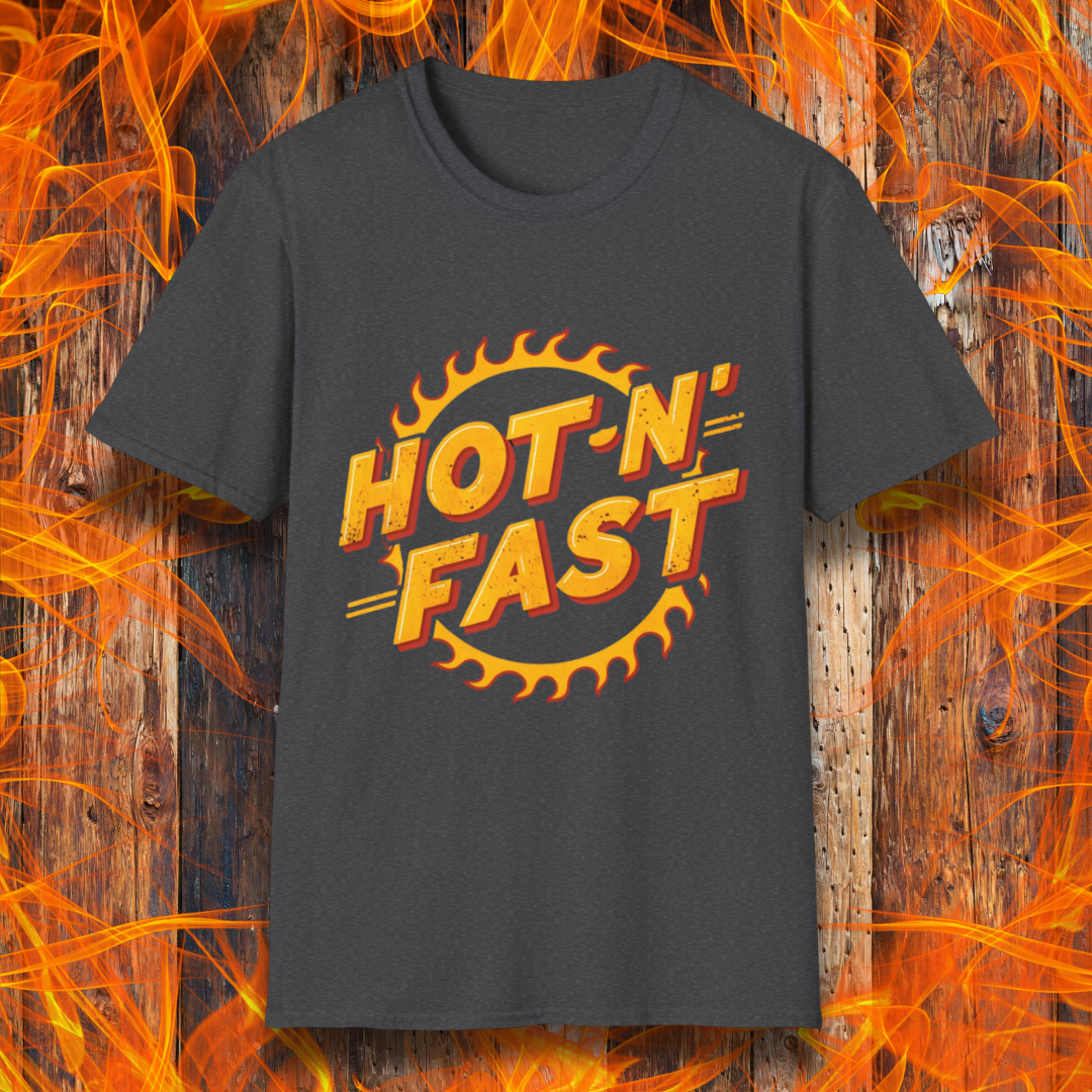 Dark Heather T-shirt featuring a bold 'Hot-N'-Fast' design with a flaming circular emblem. Perfect for BBQ enthusiasts who love to grill with speed and intensity.