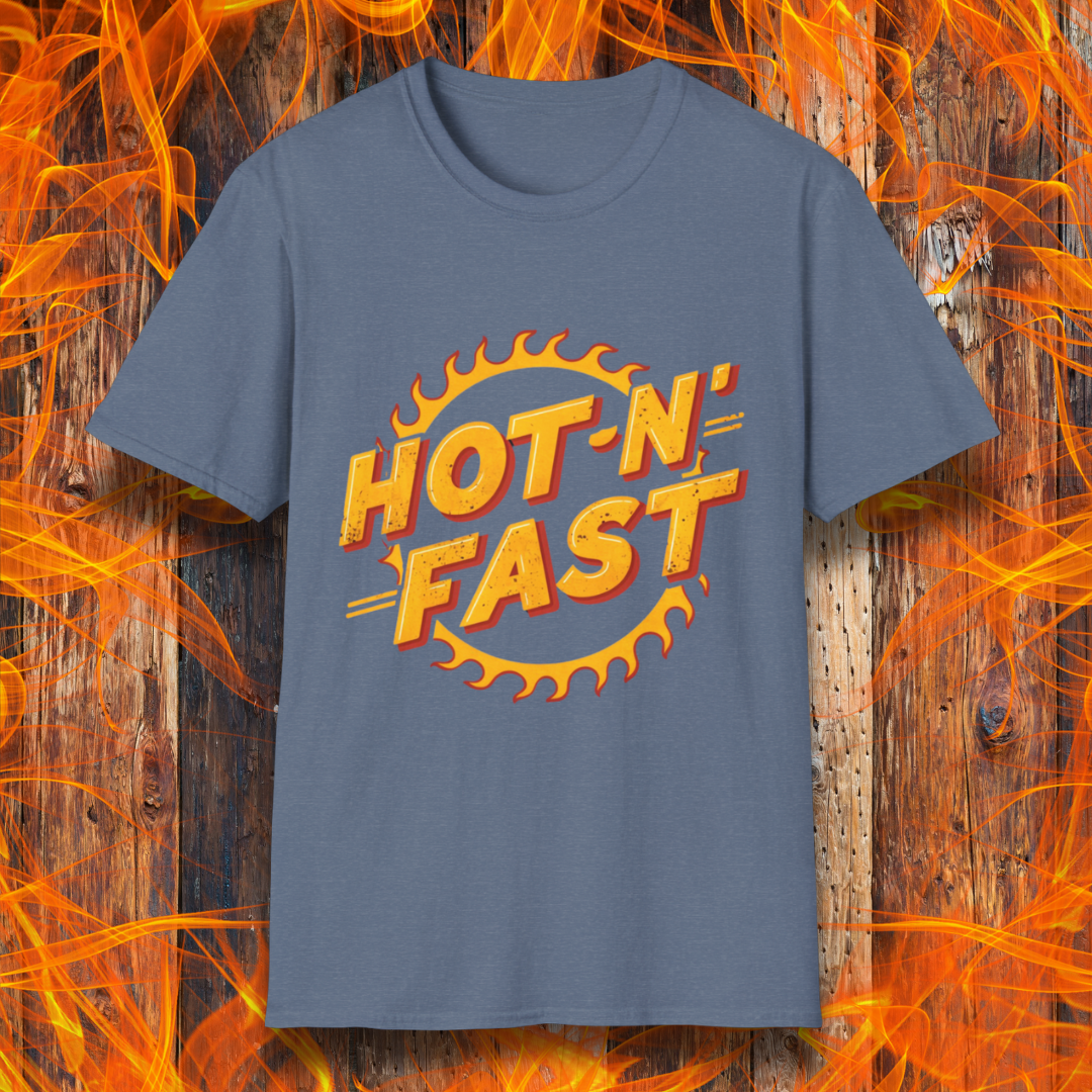 Heather Indigo T-shirt featuring a bold 'Hot-N'-Fast' design with a flaming circular emblem. Perfect for BBQ enthusiasts who love to grill with speed and intensity.