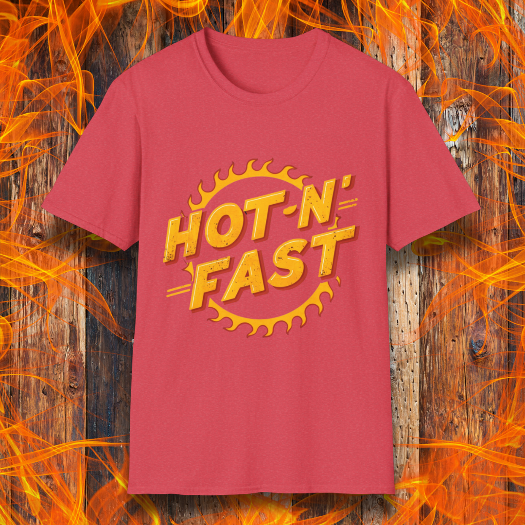 Heather Red T-shirt featuring a bold 'Hot-N'-Fast' design with a flaming circular emblem. Perfect for BBQ enthusiasts who love to grill with speed and intensity.