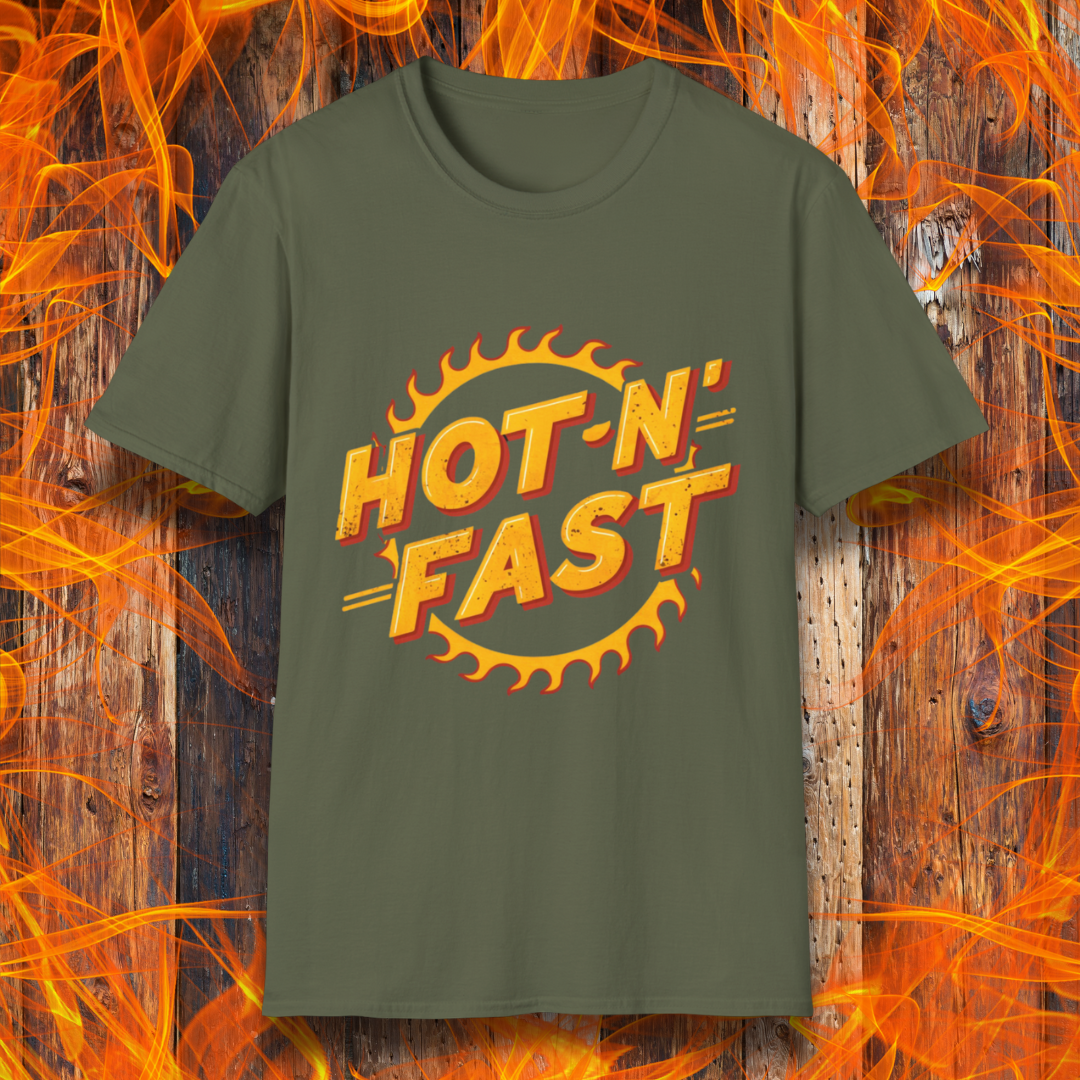 Military Green T-shirt featuring a bold 'Hot-N'-Fast' design with a flaming circular emblem. Perfect for BBQ enthusiasts who love to grill with speed and intensity.