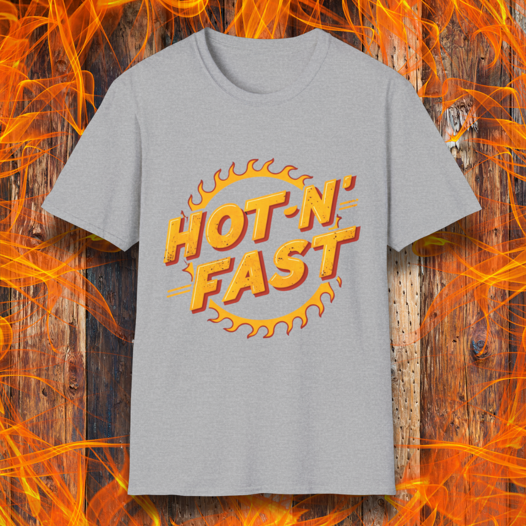 Sport Grey T-shirt featuring a bold 'Hot-N'-Fast' design with a flaming circular emblem. Perfect for BBQ enthusiasts who love to grill with speed and intensity.