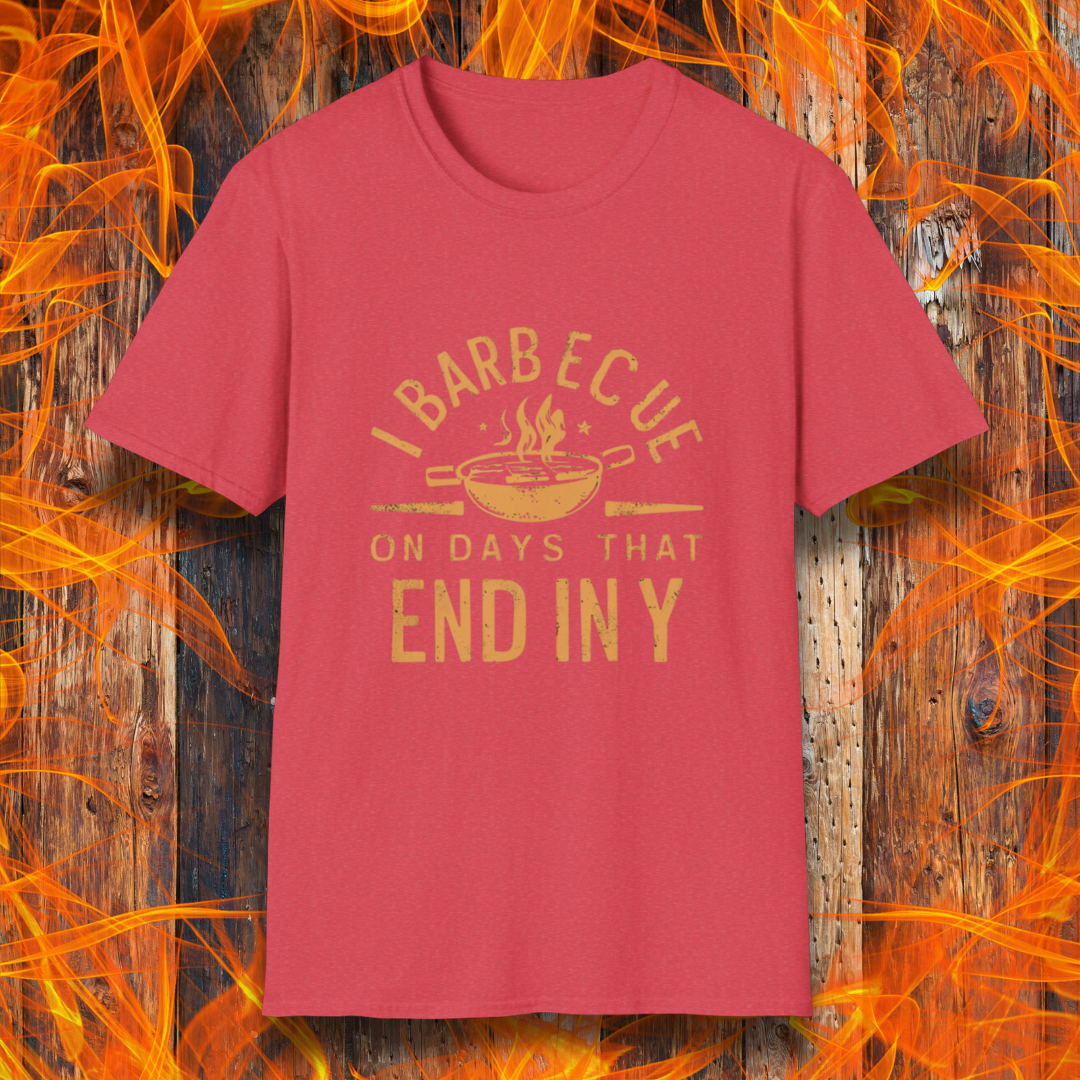 Heather Red T-shirt with 'I Barbecue on Days That End in Y' in bold, rustic orange lettering, featuring a steaming grill pan graphic. Perfect for grill masters who believe every day is BBQ day!