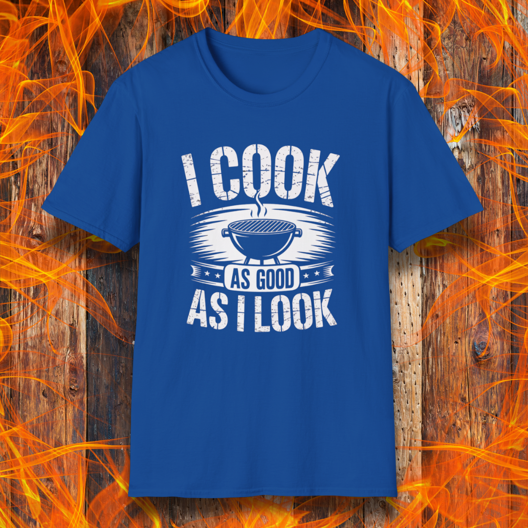 Royal Blue t-shirt with 'I Cook as Good as I Look' text on a wooden background with flames.
