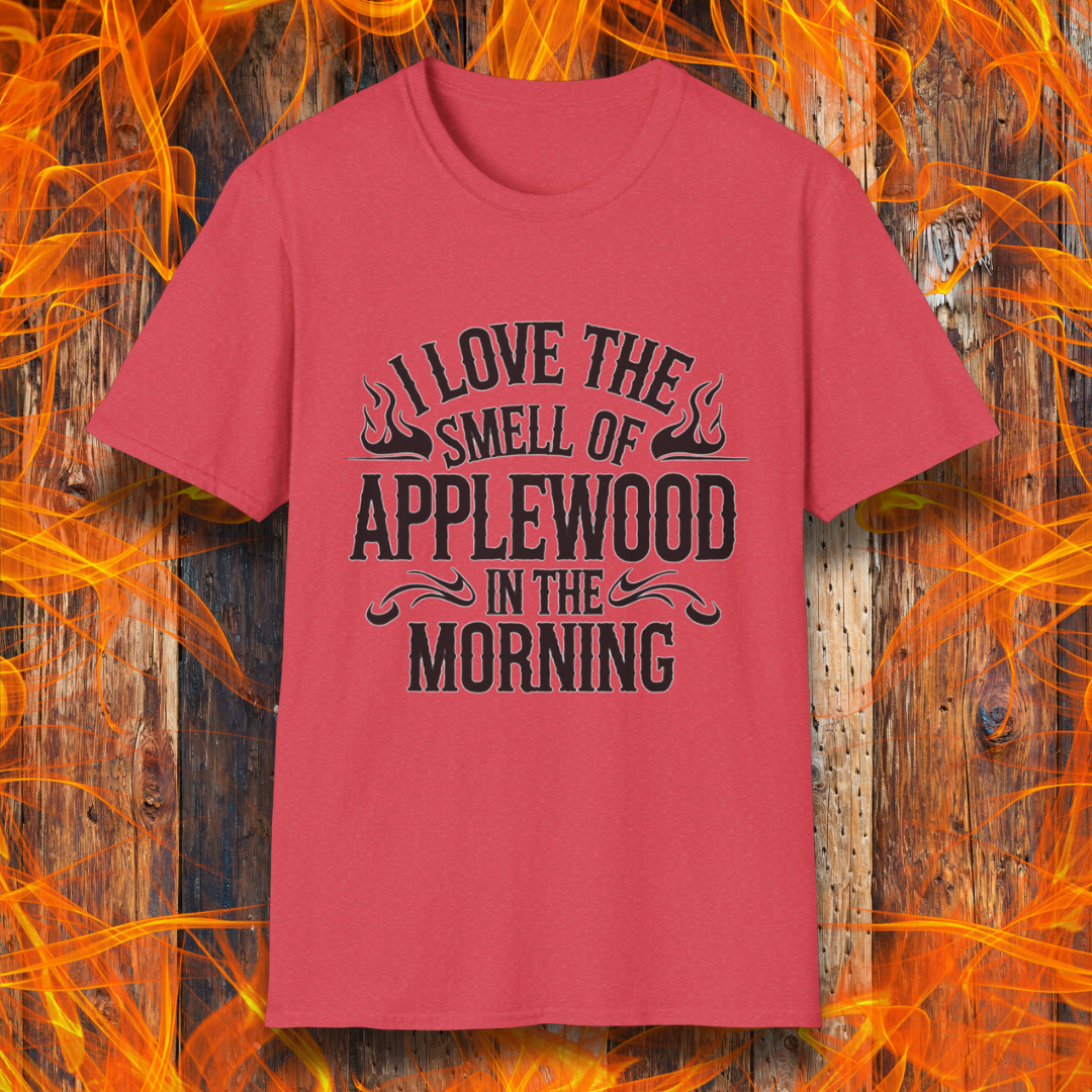 Heather Red T-shirt featuring bold, rustic-style text that says, "I Love the Smell of Applewood in the Morning," with decorative flames. Perfect for BBQ lovers who appreciate the scent of wood-smoked meats.