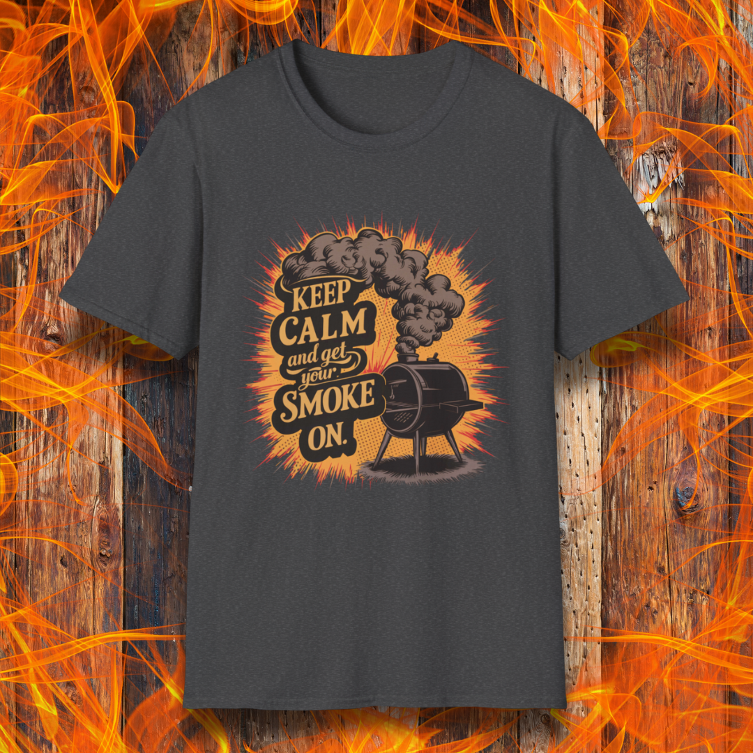 Dark Heather t-shirt featuring a vintage-style illustration of a smoker grill with smoke billowing out, alongside the phrase 'Keep Calm and Get Your Smoke On' in bold typography.