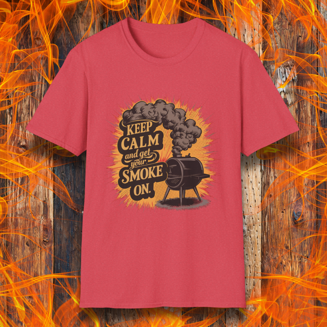 Heather Red t-shirt featuring a vintage-style illustration of a smoker grill with smoke billowing out, alongside the phrase 'Keep Calm and Get Your Smoke On' in bold typography.