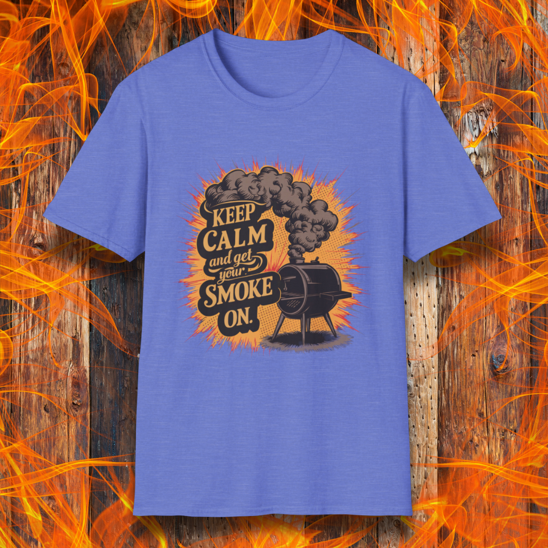 Heather Royal t-shirt featuring a vintage-style illustration of a smoker grill with smoke billowing out, alongside the phrase 'Keep Calm and Get Your Smoke On' in bold typography.