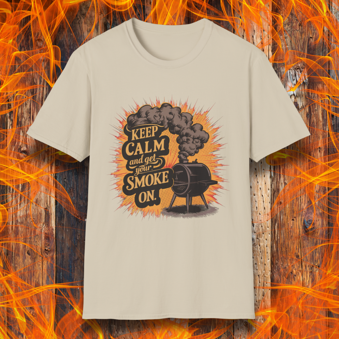 Sand t-shirt featuring a vintage-style illustration of a smoker grill with smoke billowing out, alongside the phrase 'Keep Calm and Get Your Smoke On' in bold typography.