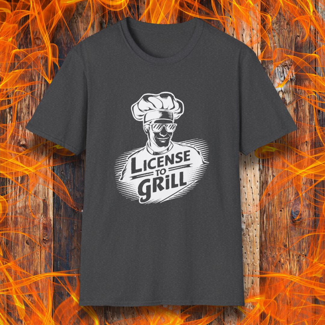 Dark Heather t-shirt featuring a bold white graphic of a cool chef wearing sunglasses and a toque, with the phrase 'License to Grill' in a dynamic retro-style font.