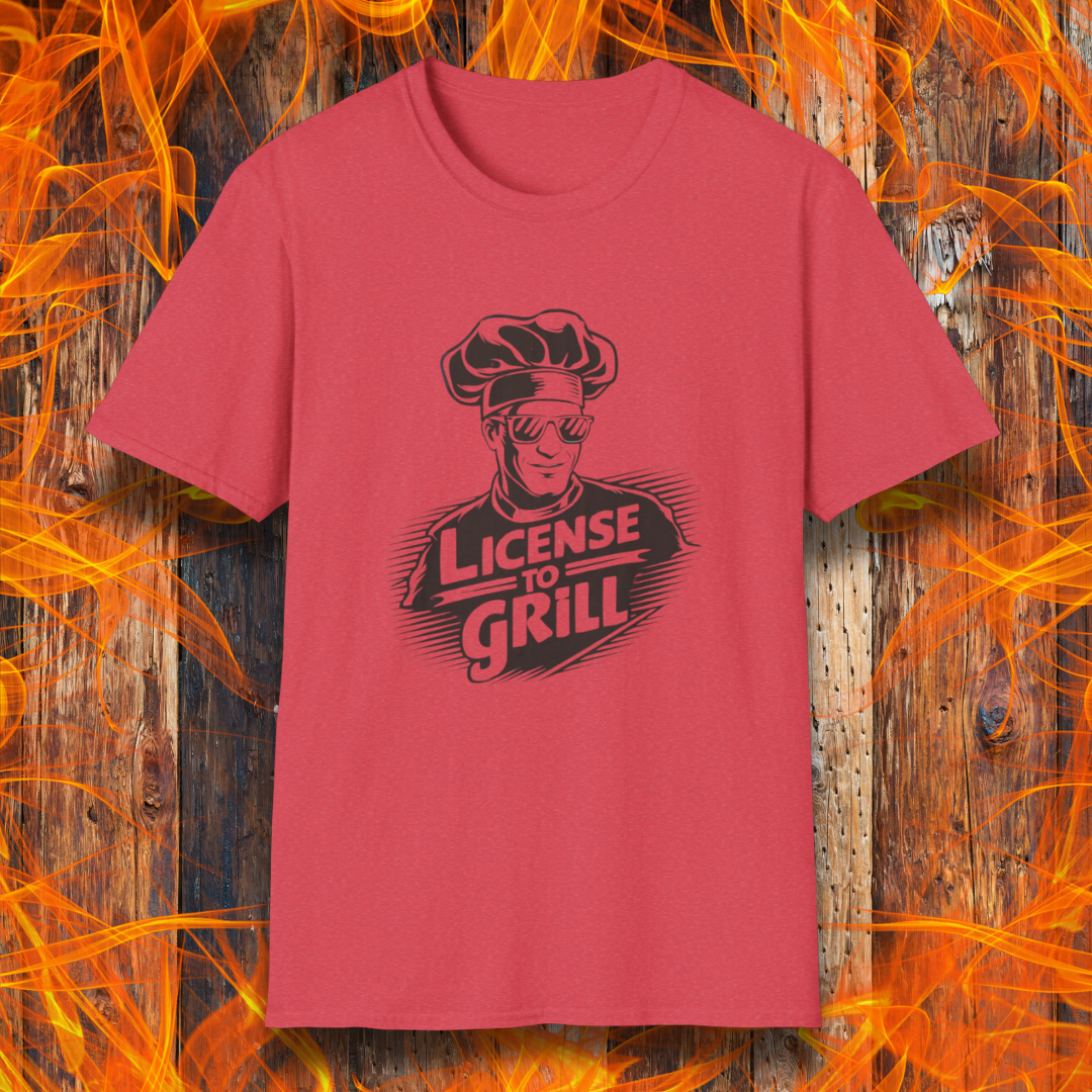 Heather Red  t-shirt featuring a bold white graphic of a cool chef wearing sunglasses and a toque, with the phrase 'License to Grill' in a dynamic retro-style font.