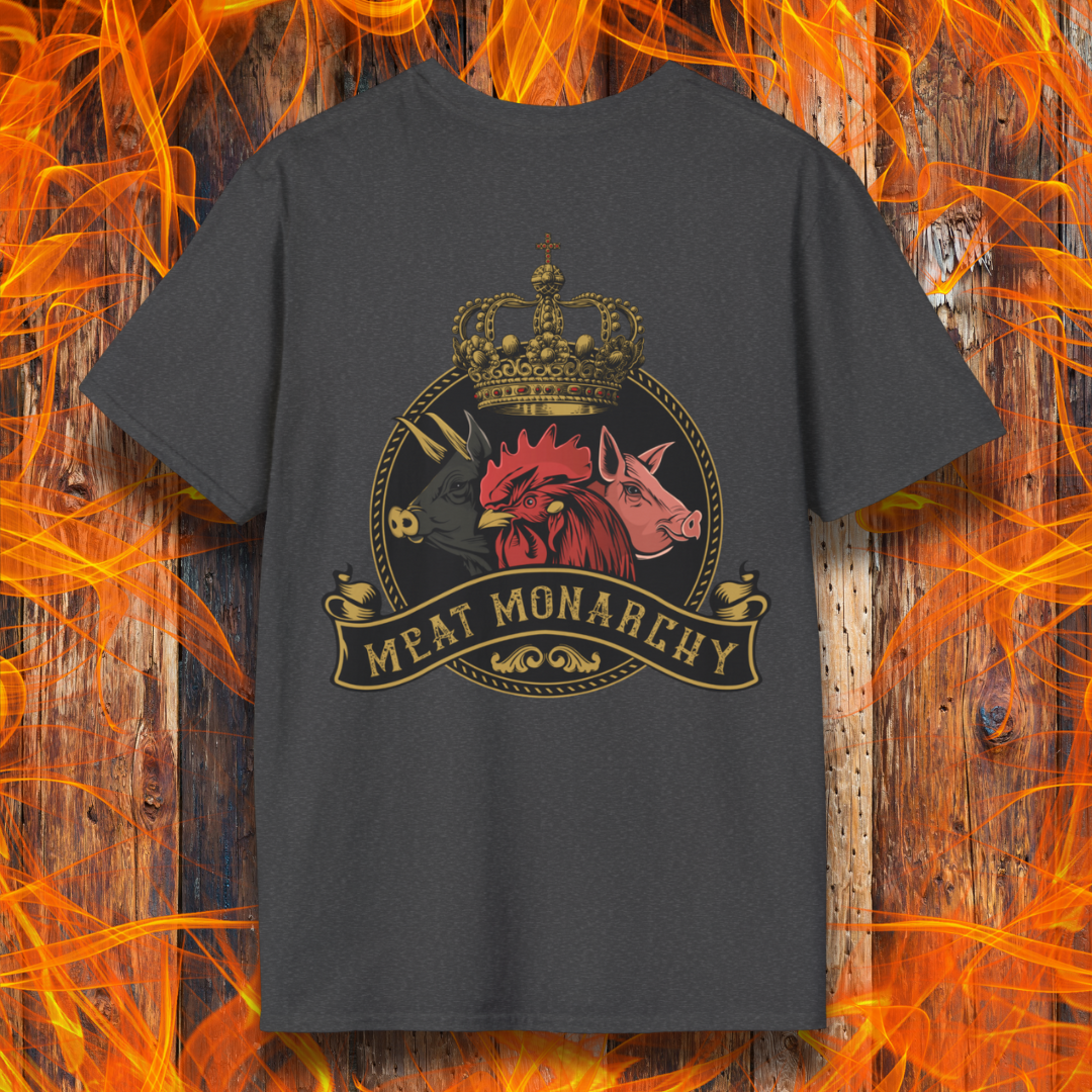 Dark heather t-shirt featuring a regal 'Meat Monarchy' design on the back, showcasing a crowned emblem with a bull, chicken, and pig—symbolizing the royalty of BBQ and grilling