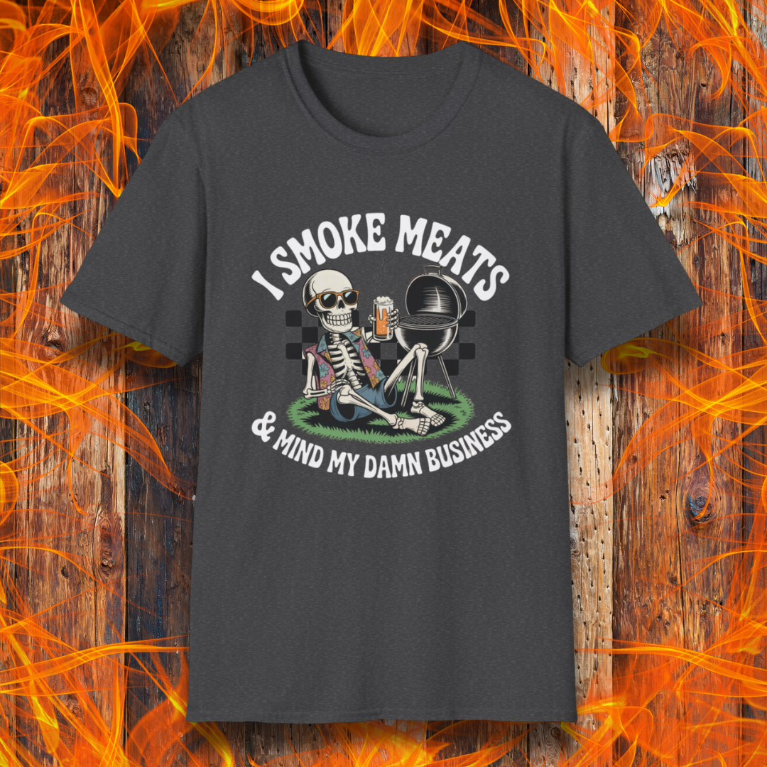 Dark Heather t-shirt with skeleton graphic and text 'I Smoke Meats & Mind My Damn Business' on a fiery background