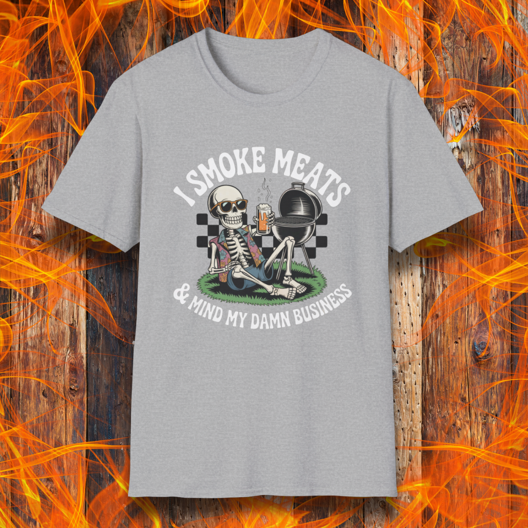 Sport Gray t-shirt with skeleton graphic and text 'I Smoke Meats & Mind My Damn Business' on a fiery background