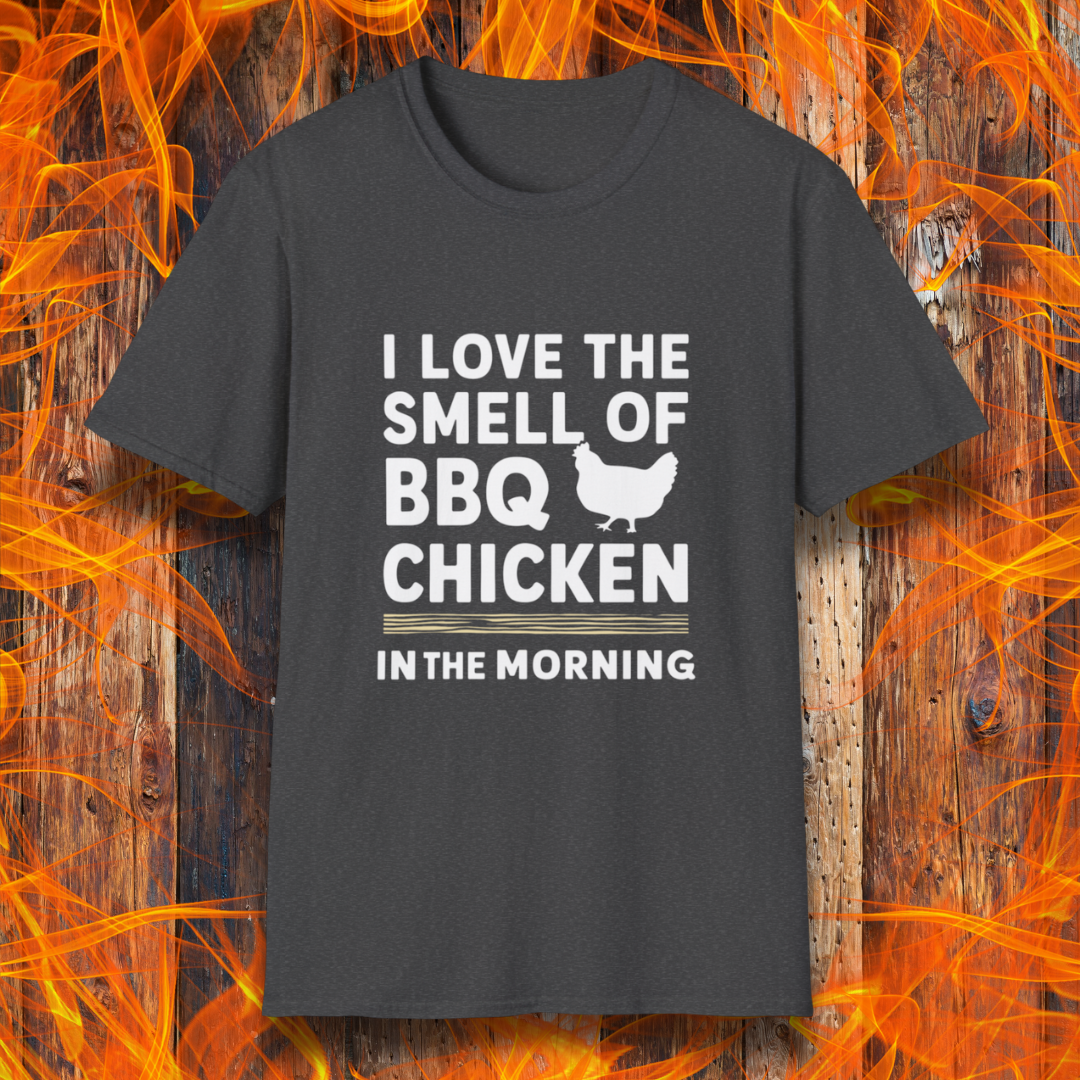 Dark Heather T-shirt featuring bold white text that reads 'I Love the Smell of BBQ Chicken in the Morning' with a simple chicken silhouette. A must-have for backyard grillers and barbecue lovers!