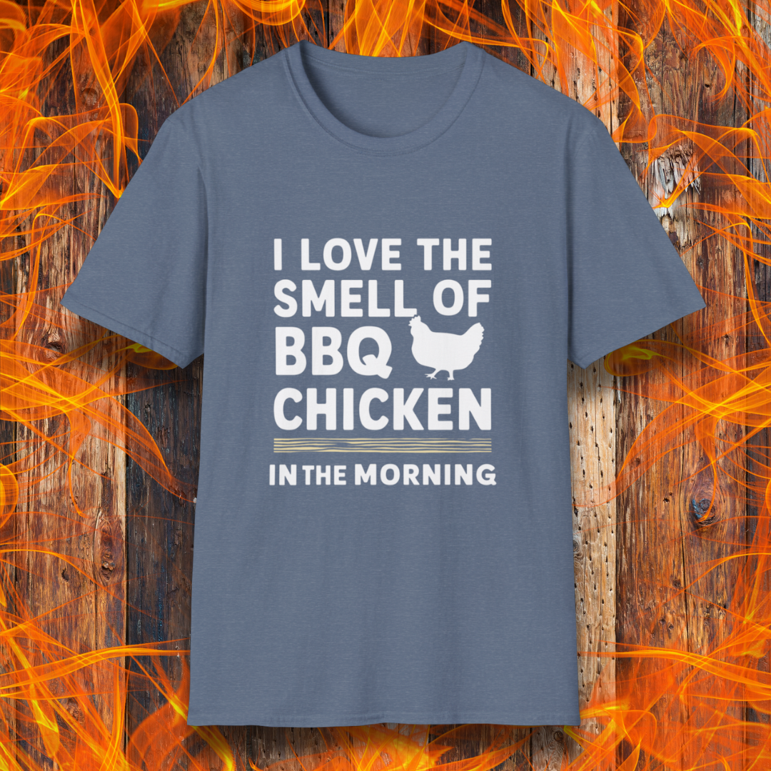 Heather Indigo T-shirt featuring bold white text that reads 'I Love the Smell of BBQ Chicken in the Morning' with a simple chicken silhouette. A must-have for backyard grillers and barbecue lovers!