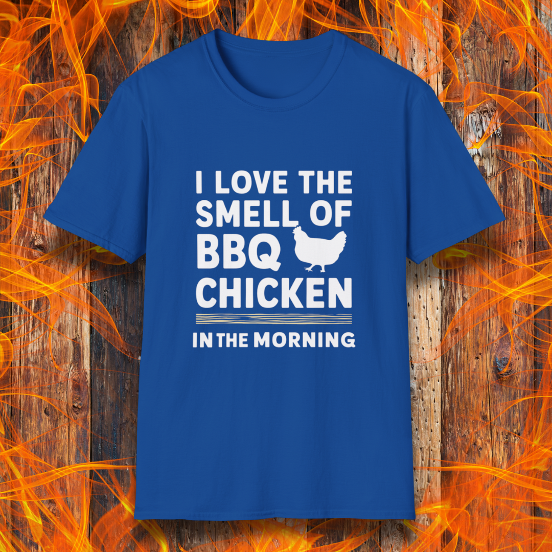 Royal Blue T-shirt featuring bold white text that reads 'I Love the Smell of BBQ Chicken in the Morning' with a simple chicken silhouette. A must-have for backyard grillers and barbecue lovers!