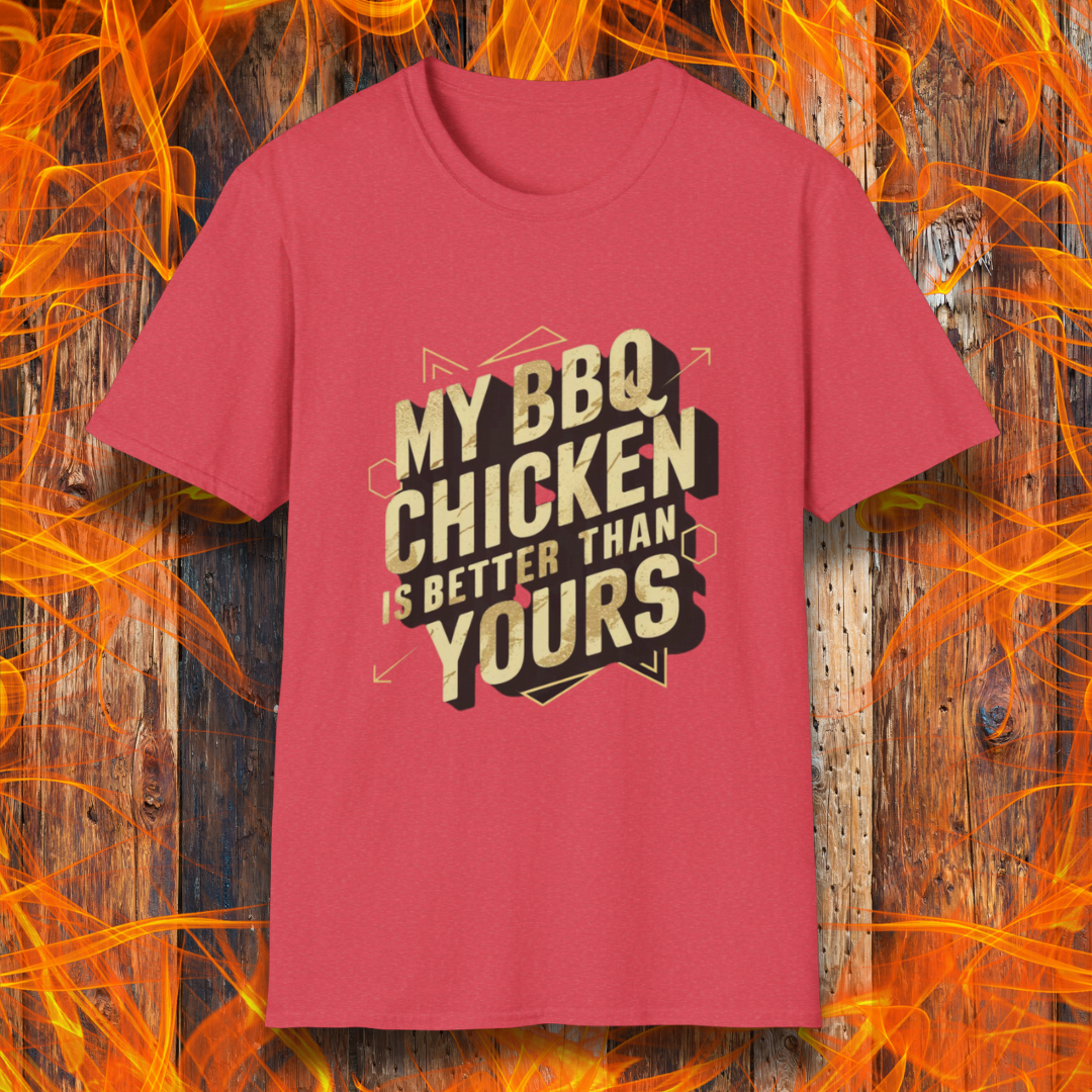 Heather Red T-shirt featuring a bold BBQ-themed design that reads 'MY BBQ CHICKEN IS BETTER THAN YOURS' in gold and black block lettering with geometric accents. A great choice for grill masters who take pride in their perfectly smoked and seasoned chicken.