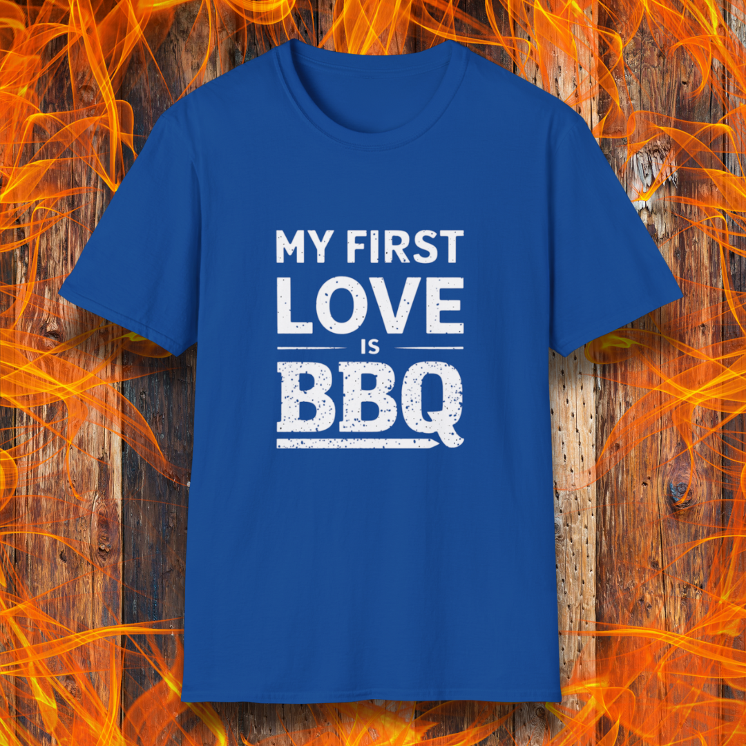 Royal Blue T-shirt with 'My First Love Is BBQ' in bold, distressed white lettering. A must-have for BBQ enthusiasts who wear their passion on their sleeve—literally!
