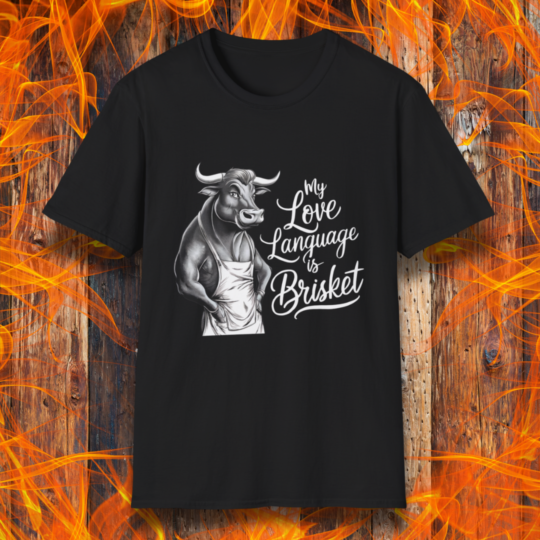 Black T-shirt featuring a muscular bull in an apron with the phrase "My Love Language is Brisket"—perfect for BBQ lovers and pitmasters.