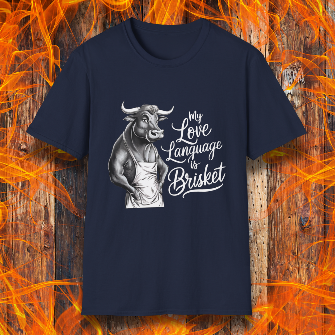 Navy T-shirt featuring a muscular bull in an apron with the phrase "My Love Language is Brisket"—perfect for BBQ lovers and pitmasters.