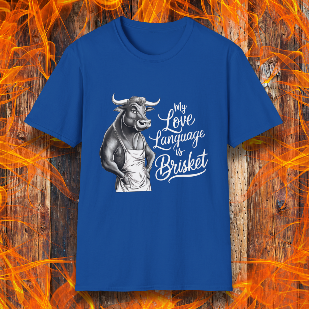 Royal Blue T-shirt featuring a muscular bull in an apron with the phrase "My Love Language is Brisket"—perfect for BBQ lovers and pitmasters.