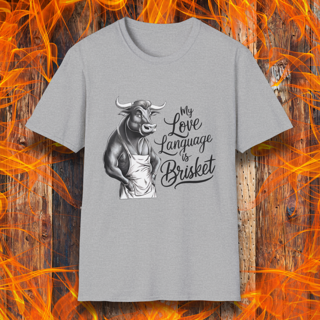 Sports Grey T-shirt featuring a muscular bull in an apron with the phrase "My Love Language is Brisket"—perfect for BBQ lovers and pitmasters.