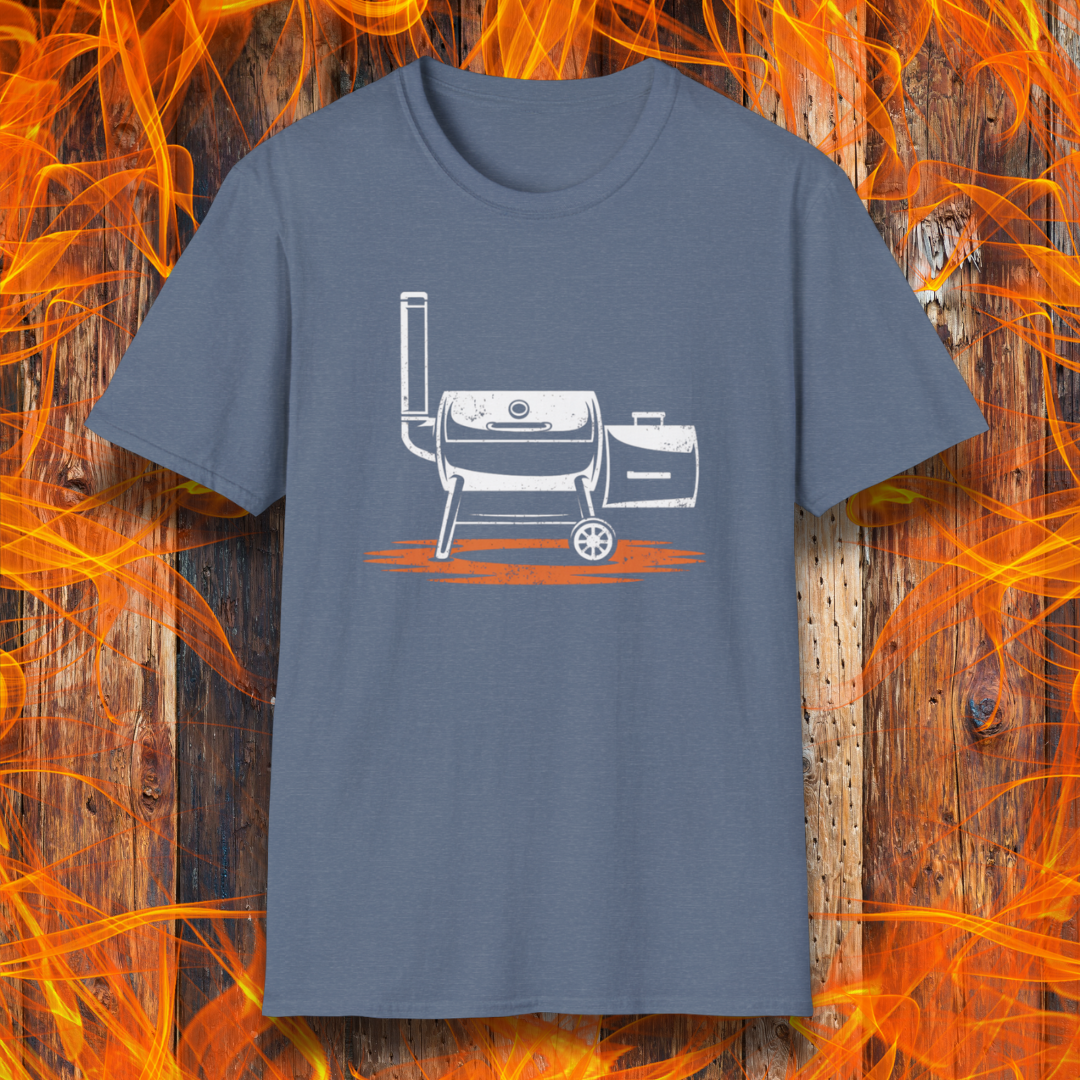 Blue t-shirt with grill graphic on a wooden background with flames