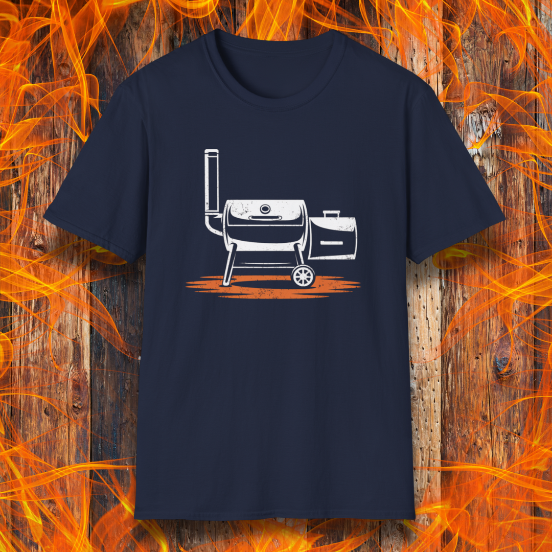 Navy blue t-shirt with a white grill graphic on a wooden background with flames.