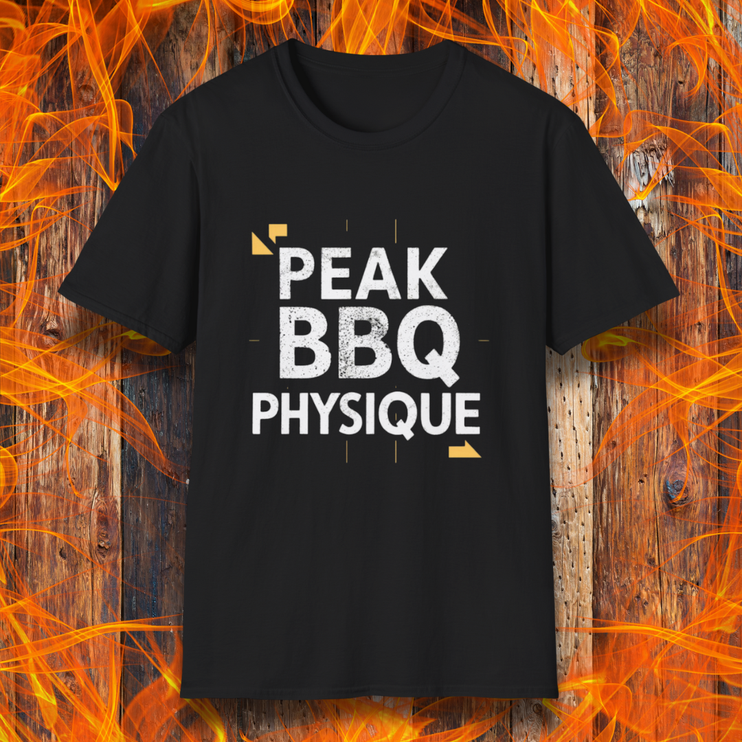 Black T-shirt with 'Peak BBQ Physique' in bold, distressed lettering. A must-have for grill masters who take their BBQ lifestyle seriously!