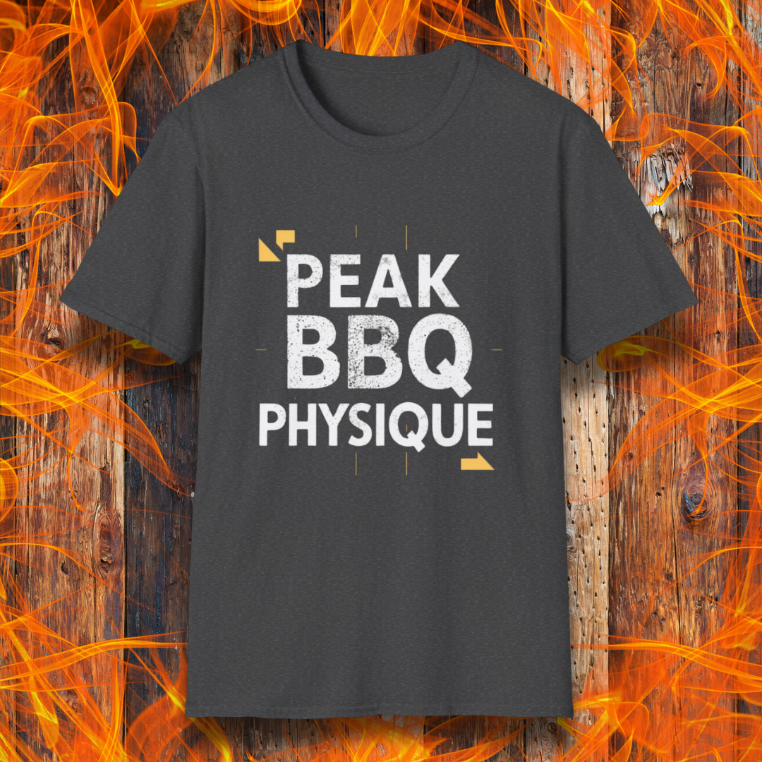 Dark Heather T-shirt with 'Peak BBQ Physique' in bold, distressed lettering. A must-have for grill masters who take their BBQ lifestyle seriously!