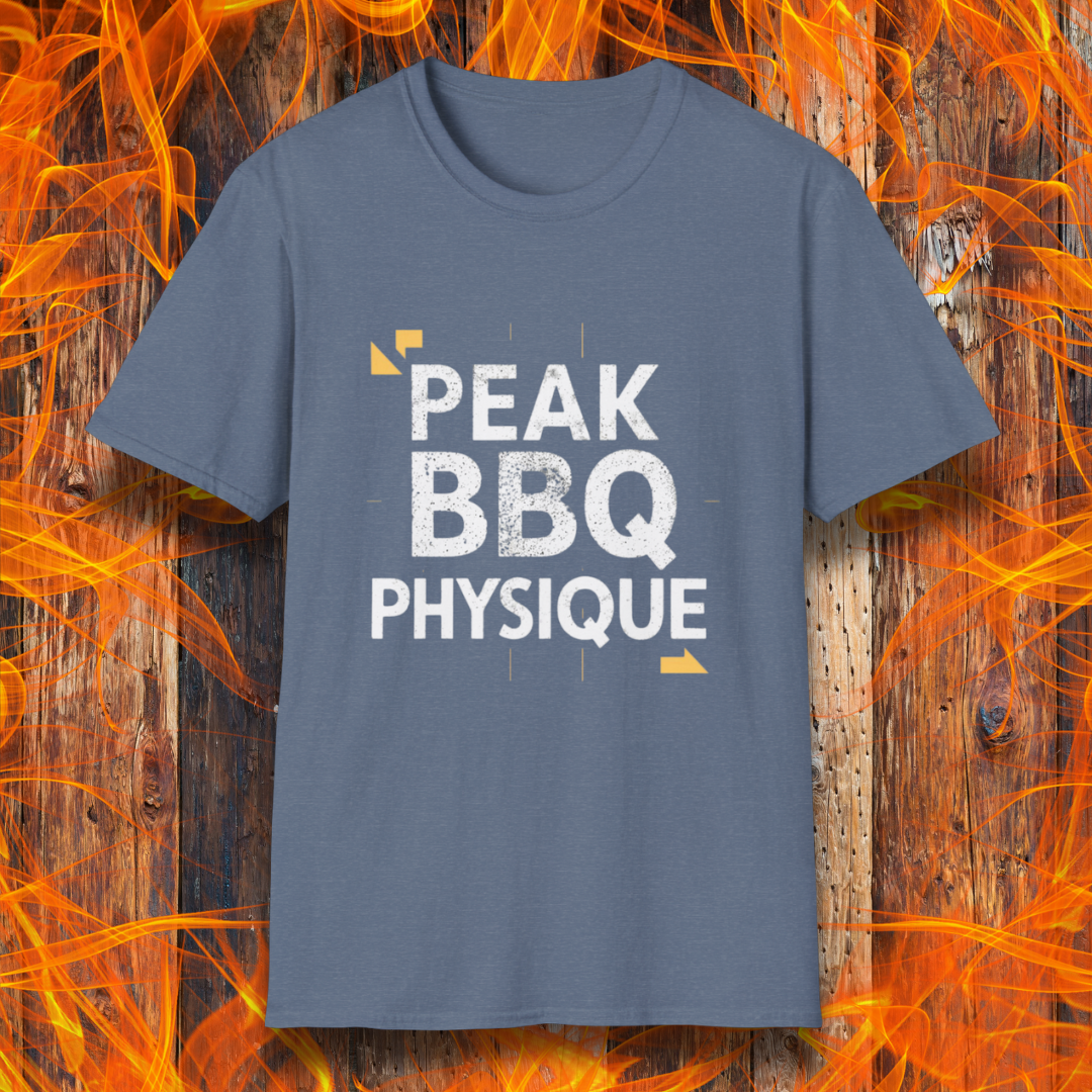 Heather Indigo T-shirt with 'Peak BBQ Physique' in bold, distressed lettering. A must-have for grill masters who take their BBQ lifestyle seriously!