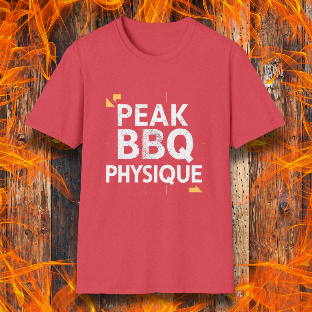 Heather Red T-shirt with 'Peak BBQ Physique' in bold, distressed lettering. A must-have for grill masters who take their BBQ lifestyle seriously!