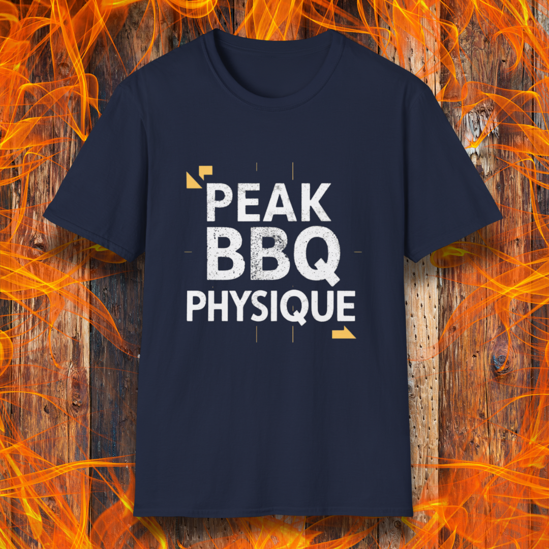 Navy T-shirt with 'Peak BBQ Physique' in bold, distressed lettering. A must-have for grill masters who take their BBQ lifestyle seriously!