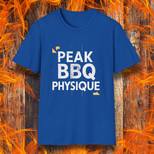 Royal Blue T-shirt with 'Peak BBQ Physique' in bold, distressed lettering. A must-have for grill masters who take their BBQ lifestyle seriously!