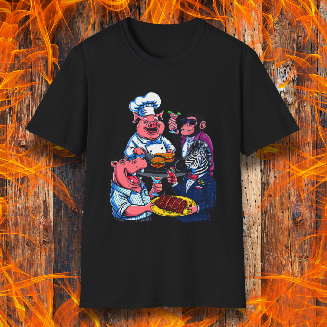 Black T-shirt with a chef pig, chimpanzee, hippo, and zebra at a party passing around plates of delicious bbq and burgers, and drinking cocktails.