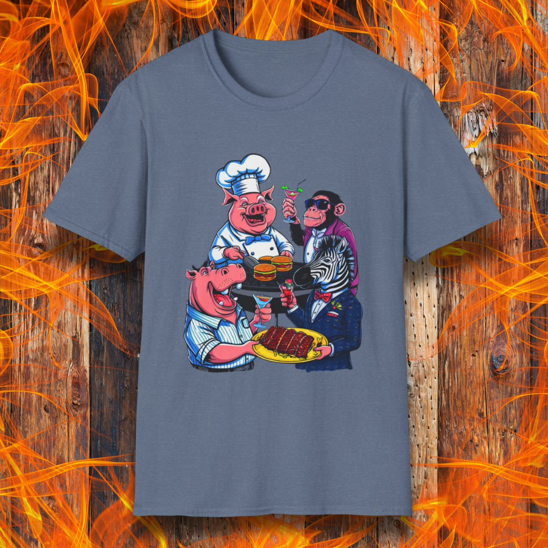 Heather Indigo T-shirt with a chef pig, chimpanzee, hippo, and zebra at a party passing around plates of delicious bbq and burgers, and drinking cocktails.