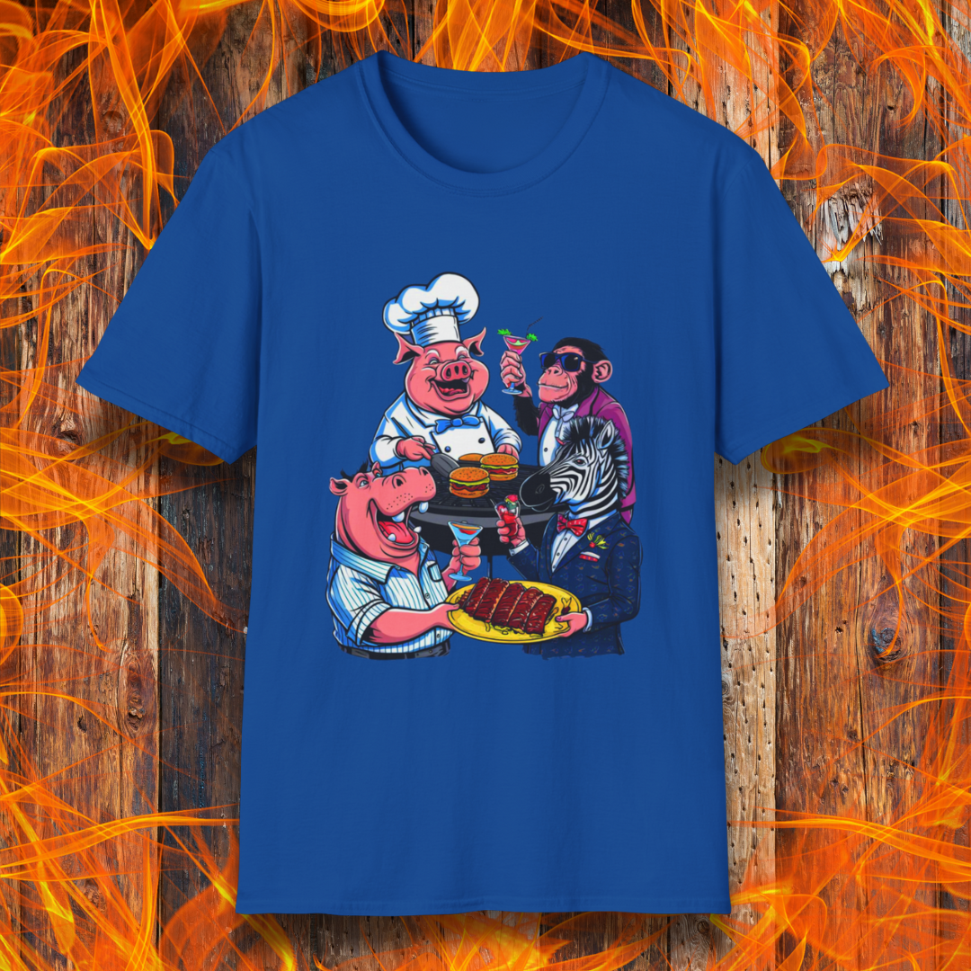 Royal T-shirt with a chef pig, chimpanzee, hippo, and zebra at a party passing around plates of delicious bbq and burgers, and drinking cocktails.