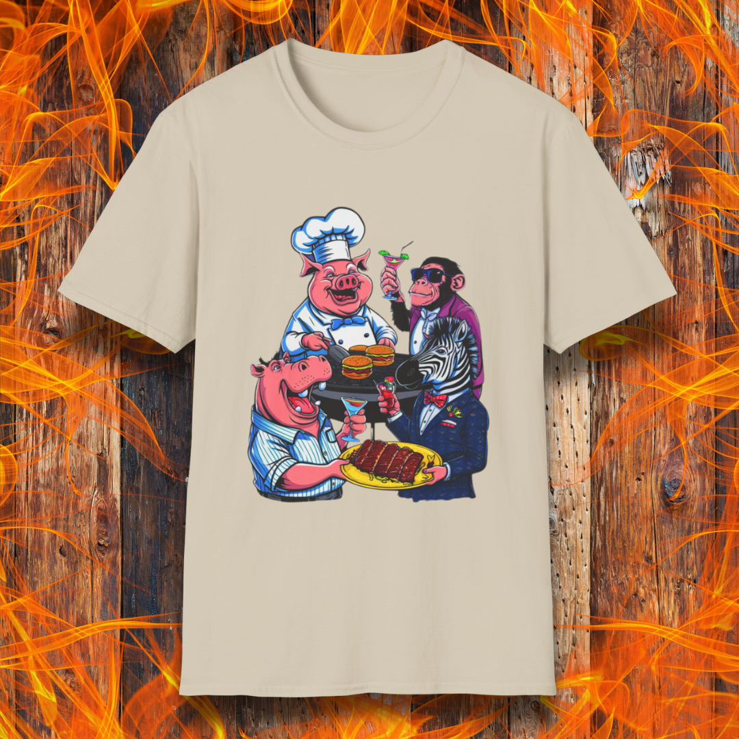 Sand T-shirt with a chef pig, chimpanzee, hippo, and zebra at a party passing around plates of delicious bbq and burgers, and drinking cocktails.