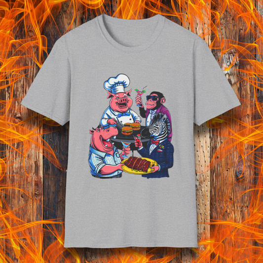 Sport Grey T-shirt with a chef pig, chimpanzee, hippo, and zebra at a party passing around plates of delicious bbq and burgers, and drinking cocktails.