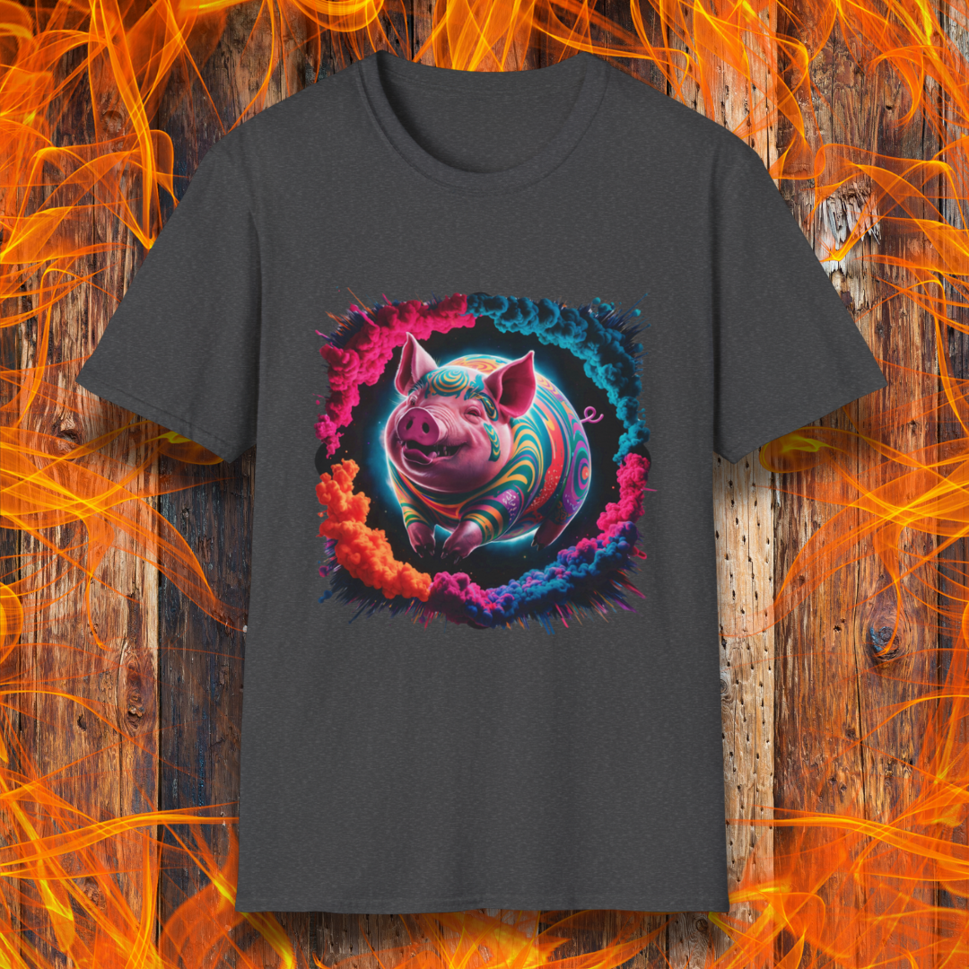 Dark Heather T-shirt featuring a vibrant, psychedelic pig design surrounded by a colorful smoke effect. A bold and eye-catching statement piece for BBQ lovers and fans of unique, artistic apparel.