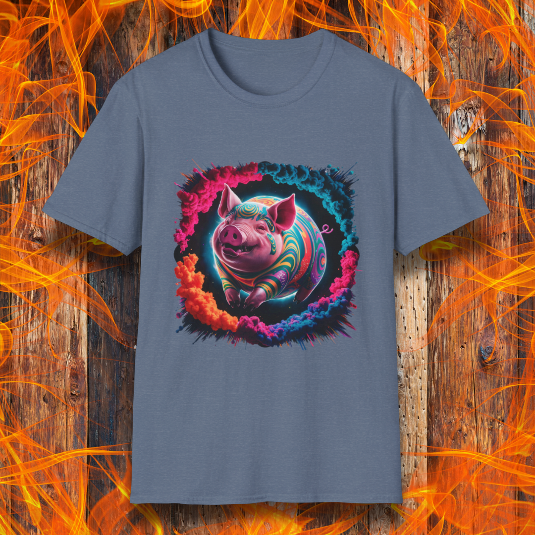 Heather Indigo T-shirt featuring a vibrant, psychedelic pig design surrounded by a colorful smoke effect. A bold and eye-catching statement piece for BBQ lovers and fans of unique, artistic apparel.