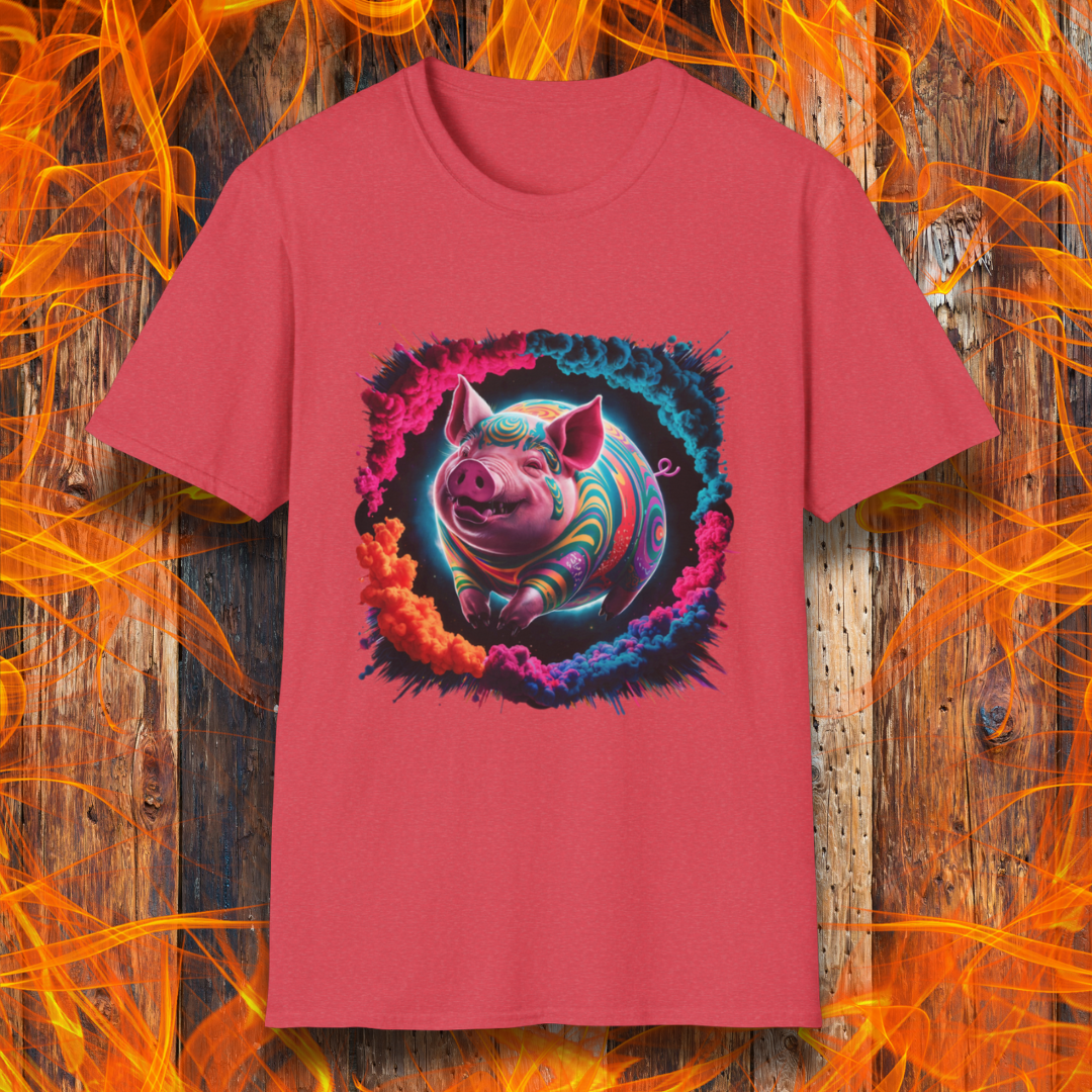 Heather Red T-shirt featuring a vibrant, psychedelic pig design surrounded by a colorful smoke effect. A bold and eye-catching statement piece for BBQ lovers and fans of unique, artistic apparel.